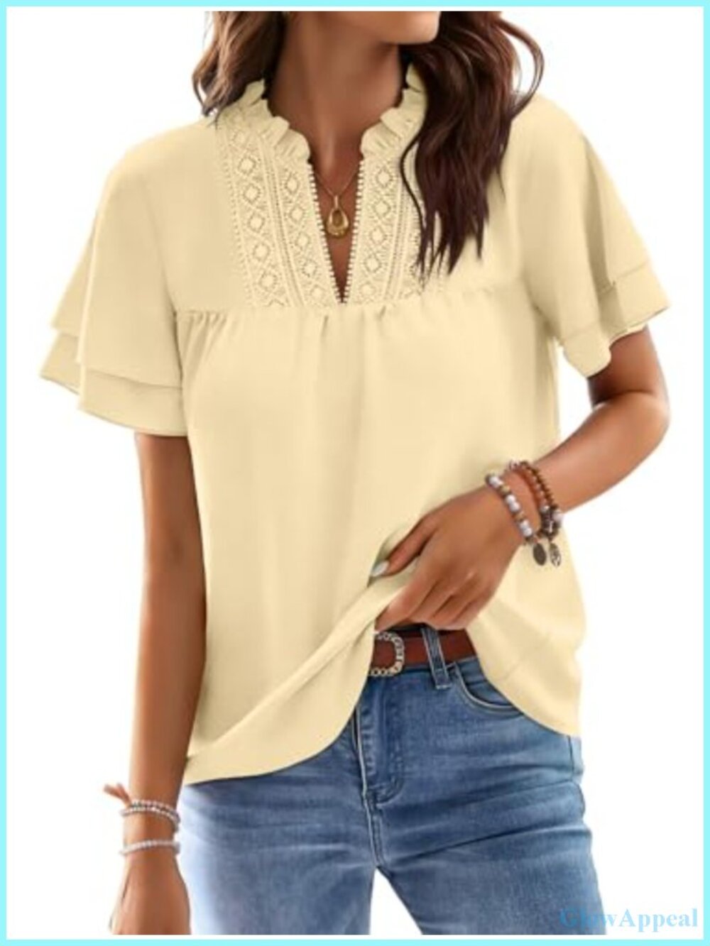 Lace V Neck Ruffle Sleeve Blouse Women Casual Summer Top